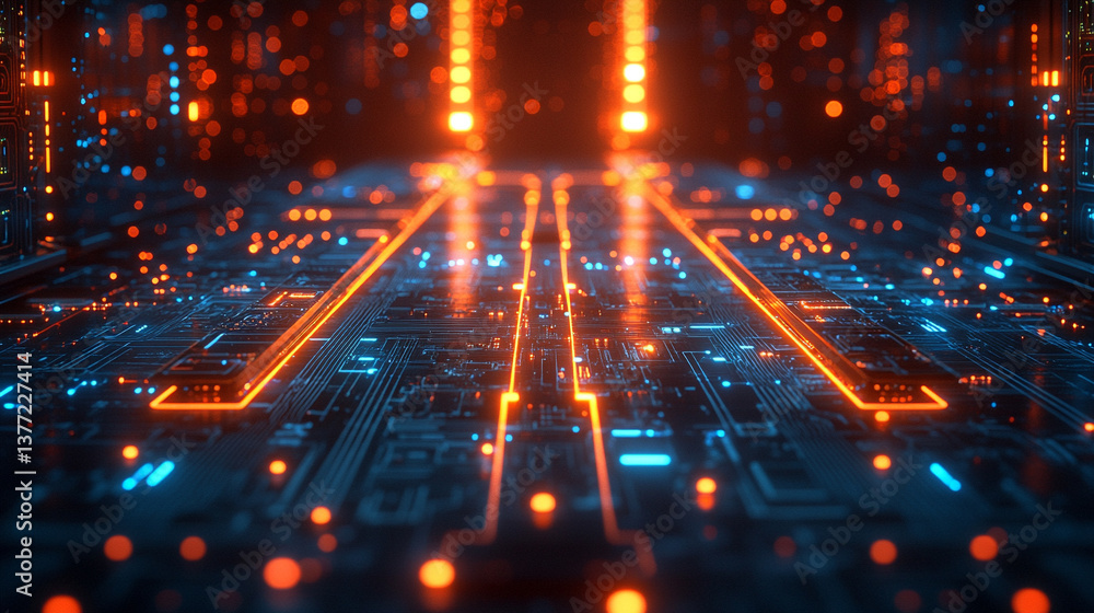 Poster a technology background featuring two parallel paths in a red and blue color scheme, symbolizing the