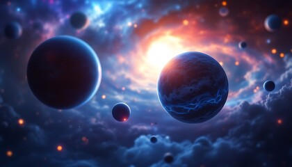 Planets Floating in Space with Cosmic Nebula and Clouds Background