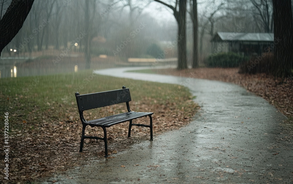 Poster a black park bench sits empty on a rain-swept path, surrounded by fallen leaves. the background show