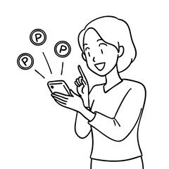 ポイ活をする若い女性の線画イラスト