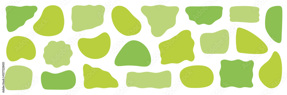 Poster Abstract organic shape round form set. Green color liquid organic blob curve shape figure. Abstract liquid bubble, wavy different form. Soft round oval pattern background. Vector illustration