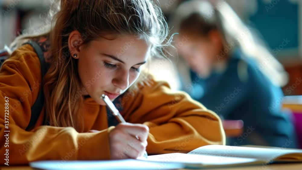 Poster focused student writing in a classroom, captured in a shallow depth of field. the video angle is eye