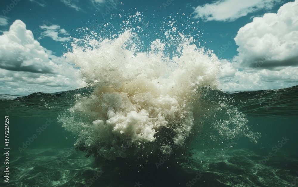 Poster underwater view of a large splash, white water exploding from the surface, against a blue sky with f