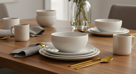 Fototapeta premium Modern Minimalist Table Setting: Warm Wood, Matte White Dinnerware, Gold Flatware