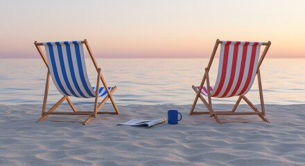 Two empty beach chairs, Two striped beach chairs facing the ocean at sunrise, and mug enjoying a golden sunrise at the ocean, wallpaper, newspaper, 