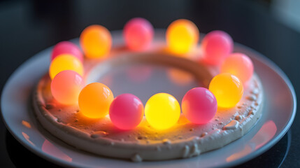 An off-white plate with a ring of mousse filled with glowing edible spheres, casting colored reflections around the plate edge
