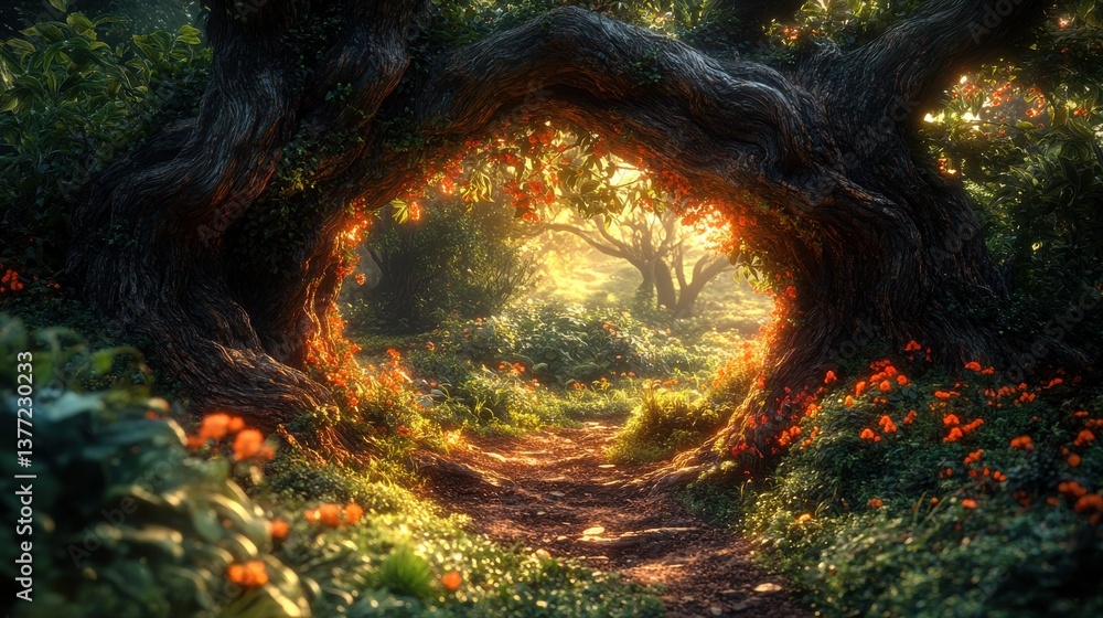 Poster magical forest path through arching trees, sunlight filters through canopy