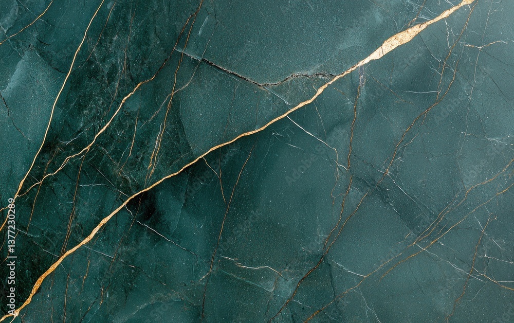Poster close-up view of teal marble with gold veining. the texture is detailed, showing small flecks and a 