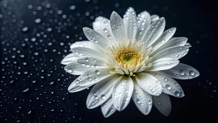Close-up of a blooming flower surrounded by droplets of water against a dark background, featuring a white focal point at its center
