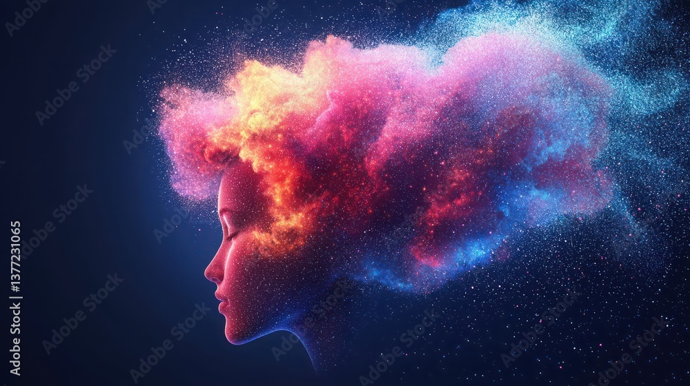 Poster abstract representation of artificial intelligence concepts with a colorful cloud and human silhouet