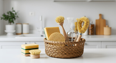 Fototapeta premium Eco-Friendly Kitchen Cleaning Supplies in Wicker Basket