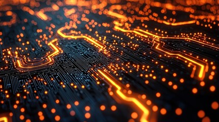 Obraz premium Futuristic Circuit Board with Glowing Orange Lines and Digital Data Flow in a High-Tech Environment