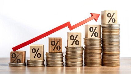 Percentage sign on wooden cubes with Stack of coin bar chart and red graph trending downwards on white background
