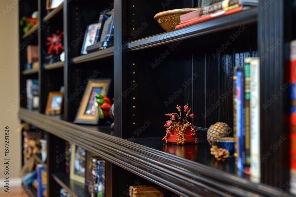Poster a close-up view of a black shelving unit displaying various items, including books and decorative ob
