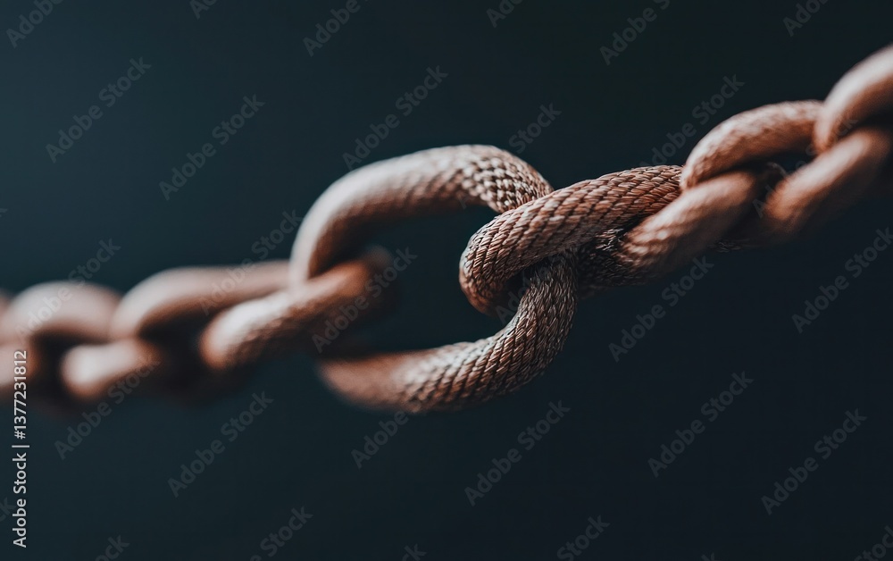 Poster close-up of a rusty chain link, showing texture and connection. dark background, shallow depth of fi