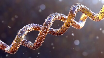 Detailed 3D Rendering of a DNA Double Helix Molecule with Gold and Brown Particles on a Dark Background