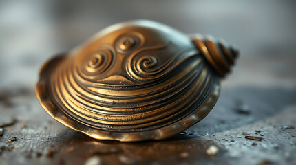 Ornate bronze shell figurine on wooden surface