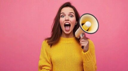 Young Woman in Yellow Sweater Excitedly Shouting with Megaphone