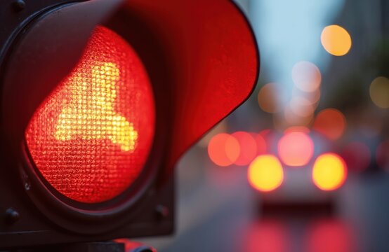 Red traffic light prohibits motion. Stop signal for drivers at urban crossroad. Transportation safety concept. Blurred background with car headlights, evening cityscape.