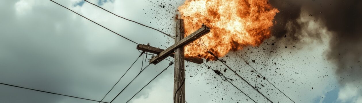 A dramatic scene of an electrical pole catching fire against a stormy sky.