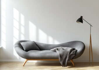 Modern minimalist living room with a stylish chaise lounge.  Sunlight streams into a bright, empty room, highlighting the comfortable, curved sofa.  Warm wooden floors and a simple floor lamp 
