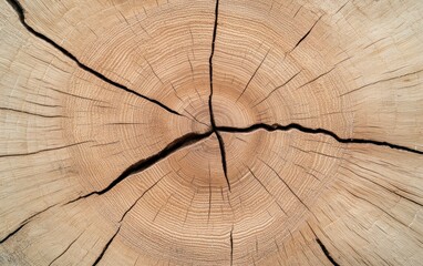 Fototapeta premium Close-up view of a tree stump cross-section, showcasing concentric rings and radial cracks. Light brown and beige tones dominate the image, with dark brown lines indicating cracks. The texture is