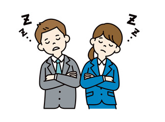腕を組んで居眠りする、若い男女の会社員のベクターイラスト素材＿＿線の編集可能＿カラー