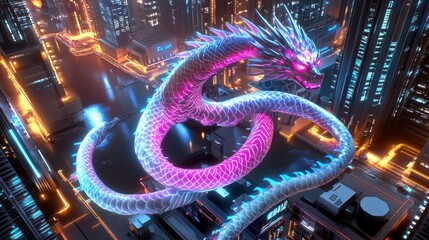 Obraz premium Neon Dragon Cyberpunk Cityscape - Cyberpunk aesthetics