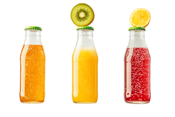 Three Glass Bottles of Sparkling Fruit Drinks with Fruit Slices
