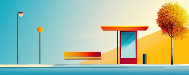 Obraz premium A vibrant, colorful bus stop surrounded by nature and urban elements during daylight.