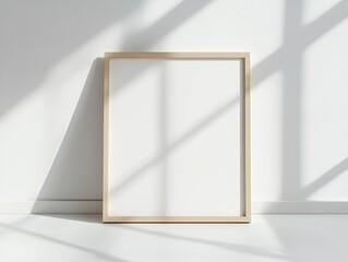Blank framed poster on white wall with natural light