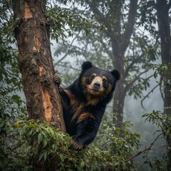 Spectacled bear climbing a tree in a misty Andean forest.