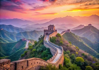 Great Wall of China Pastel Daytime Landscape - Historic Chinese Landmark Stock Photo
