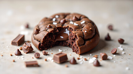A triple chocolate cookie cracked open with gooey center mid-leak, milk chocolate chips