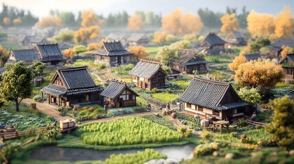 Obraz premium Charming small town featuring a collection of houses set in a scenic landscape with rolling hills and natural beauty 