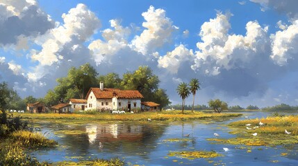 Obraz premium Charming traditional house nestled on a serene lake surrounded by lush greenery and tranquil village life