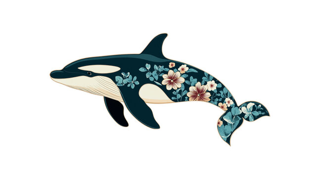 Orca Whale with Floral Design - Elegant Marine Life Illustration