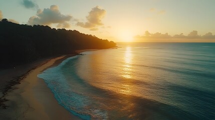 Fototapeta premium Serene tropical beach at sunset with vibrant colors reflecting on calm waves and silhouettes of palm trees 