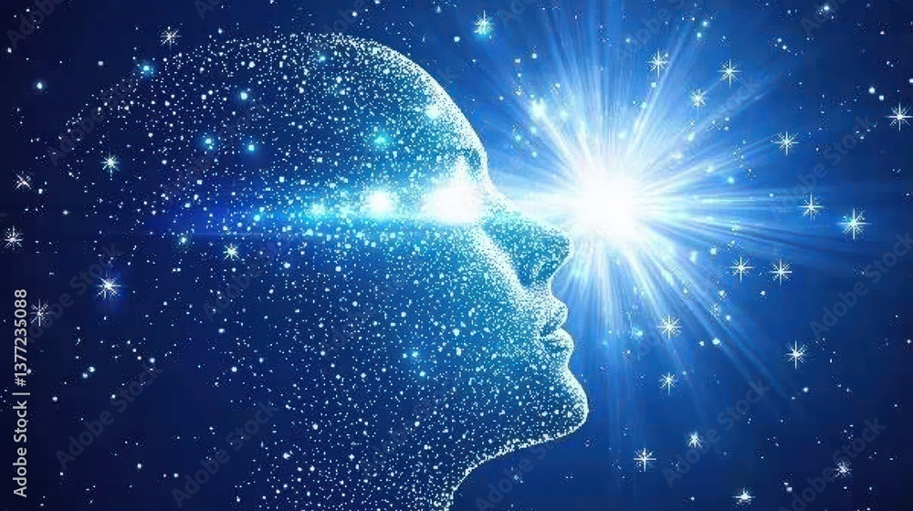 Poster ethereal human silhouette with cosmic elements representing language, ai, and computation in a starr
