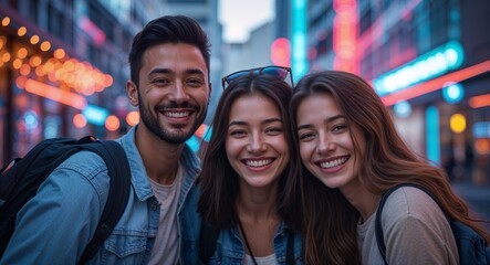 Naklejka premium Happy friends smiling in modern city street with neon lights background portrait photo 