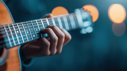 Close-up of a musician playing acoustic guitar at night