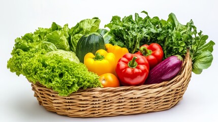 Basket of fresh farm vegetables on white background