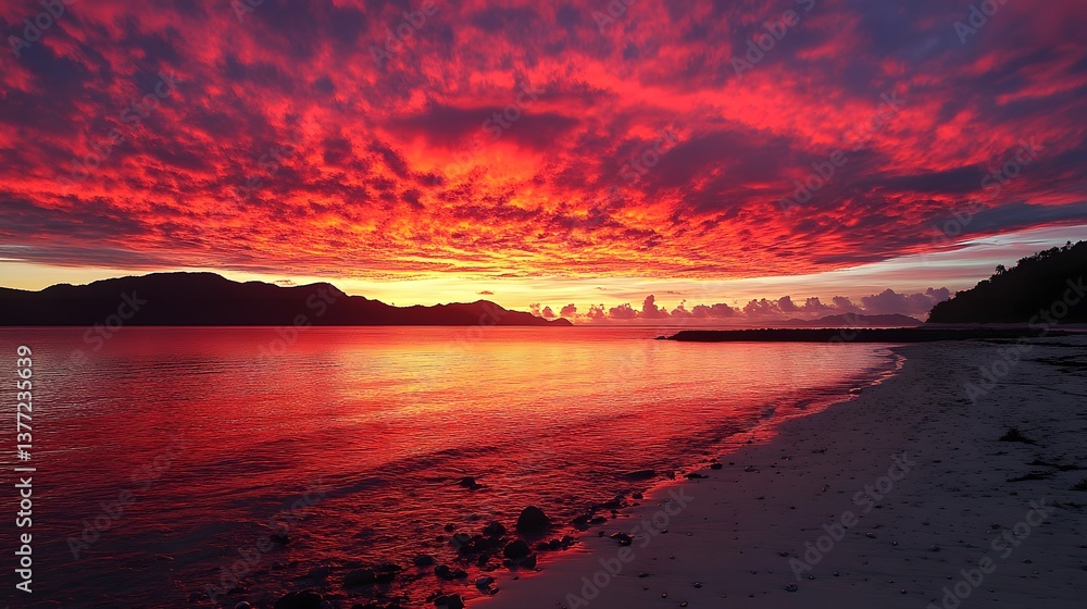 Poster exquisite sunset displaying a beautiful array of colors with soft clouds and glowing light over the 