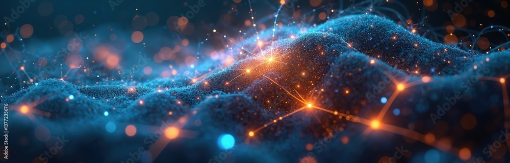 Aufkleber Abstract visualization of interconnected scientific data, cognition, digital networks. Orange, blue connections, lights, representing complexity of science, technology. Futuristic, modern tech design