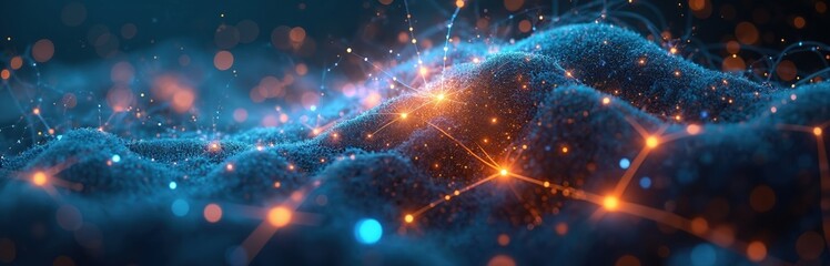 Fototapeta premium Abstract visualization of interconnected scientific data, cognition, digital networks. Orange, blue connections, lights, representing complexity of science, technology. Futuristic, modern tech design