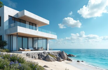 Fototapeta premium Modern villa beach view. Blue sky, clear water, white sand. Luxury residence, vacation home. Modern architecture, resort, summer holiday. Relaxed atmosphere, travel, paradise.
