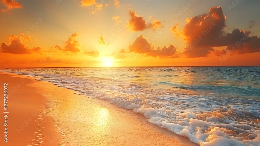 Poster scenic beach at sunset with soft sand and gentle waves under a colorful sky creating a serene atmosp