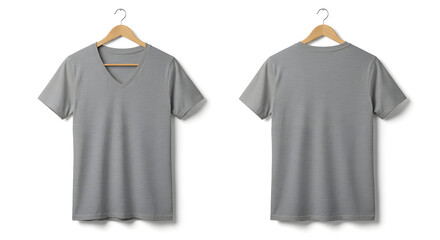 Gray V-Neck T-Shirt Mockup Front and Back Views on Wooden Hanger