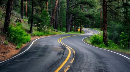 Naklejka premium Asphalt road in the green forest