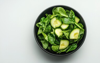 Fresh spinach and cucumber salad in a black bowl on a gray background.  Simple, healthy, and visually appealing